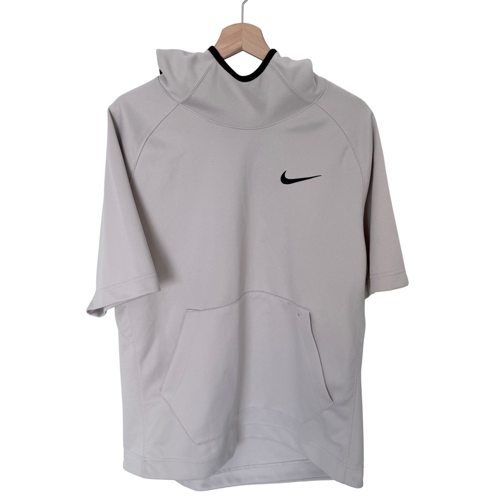 Nike Dri-FIT Mens Short Sleeve Hoodie Gray Black Swoosh Training Top Large
